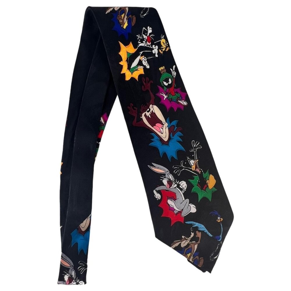 VTG Mens Looney Tunes Silk Tie Black Cartoon Character Bugs Bunny Daffy Duck Taz